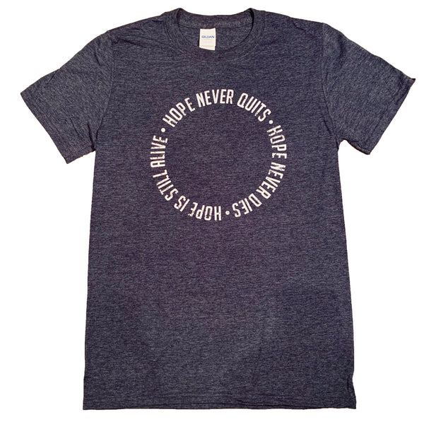 HOPE NEVER QUITS - Heather Navy Blue Unisex T-Shirt